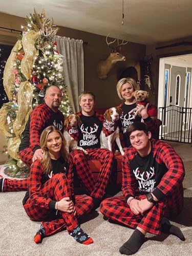 Image of IFFEI Matching Family Pajamas Sets Christmas PJ's with Letter and Plaid Printed Long Sleeve Tee and Bottom Loungewear