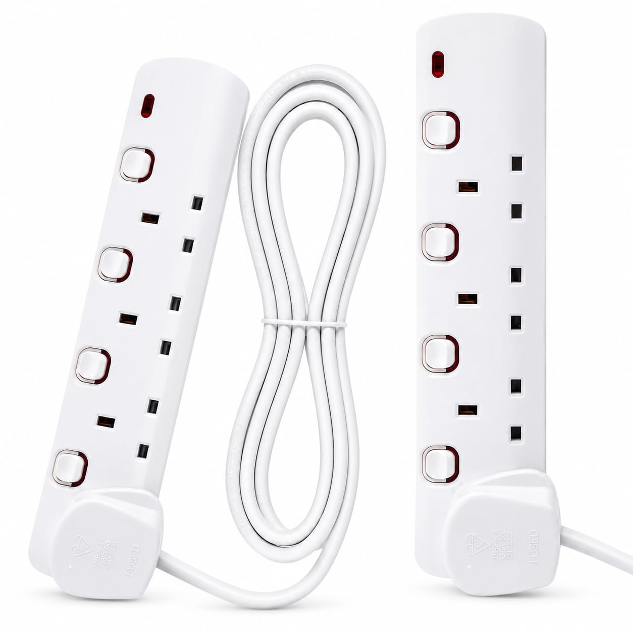 New 4 Way, 5 Metre Extension Cable - Cord, Electric Mains Power Socket Plug 13 Amp, LED, Individual Socket Switch | UK Plug 3 Pin Socket Outlet | Ideal For Emergency Use (4 Way, 5m Switched)