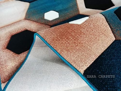 Image of Soft Thick Geometric Acrylic Washable Anti Skid Carpet. for Living Room Bedroom. Hall Size 7 x 10 feet (150X210 Cm) Blue D4