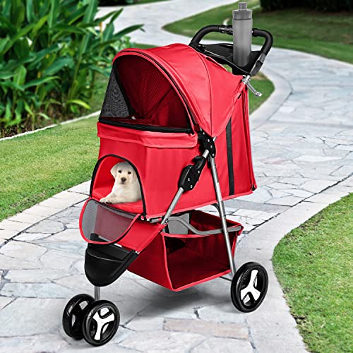 Wedyvko Pet Stroller, 3 Wheel Foldable Cat Dog Stroller with Storage