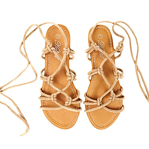 Image of Women's Lace Up Gladiator Flat Sandals Strappy Dressy Summer Tie Up