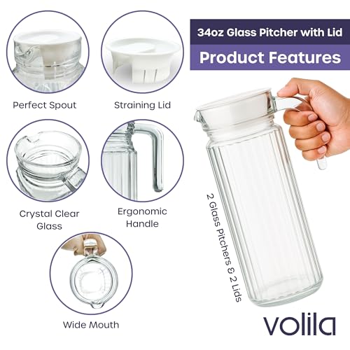 Image of TIINER Fridge Jug 1L Glass Water Jug with Lid (2 Pack) - Clear Water Pitcher with Ribbed Glass Jug Design & Handle for Fridge Shelf & Everyday Use with Vented Spout - Juices, Pimms & Picnics