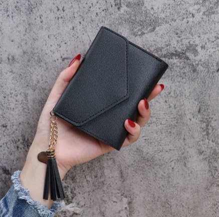 Wallet Women,Classic Envelope Faux Leather Wallet for Women with Metal Heart Charm and Tassel Lanyard, Zip Closure Slip Pocket and Credit Card Compartments, Wet Wipe Clean (Black)2