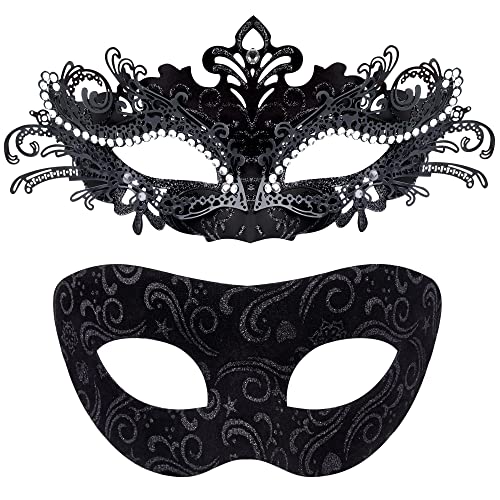 SIQUK 2 Peças máscara veneziana casais máscara máscara máscara facial meia máscara para mulher homem Halloween carnaval, preto
