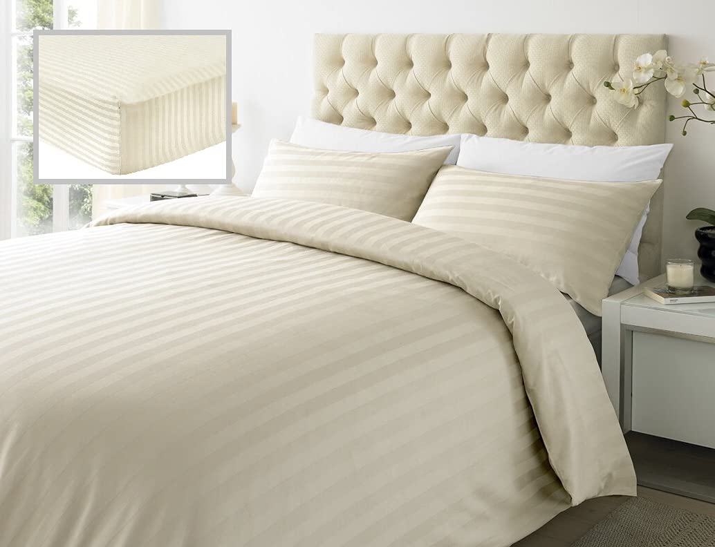 Bedtime Comforts Ltd Cream 7' Emperor Size Fitted Sheet Luxury Satin Stripe 7' X 7' (Egyptian Cotton Hotel Quality) (84" X 84") 300 Thread Count Luxury Silk/Cotton (13)