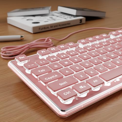 SEUNKWANG Wired Computer Keyboard with White Backlit, Aesthetic Full Size Wired Keyboard with Pudding Keycaps, Aluminum Alloy Metal Panel, Quiet Keyboard for Office Women, Work, PC-Pink