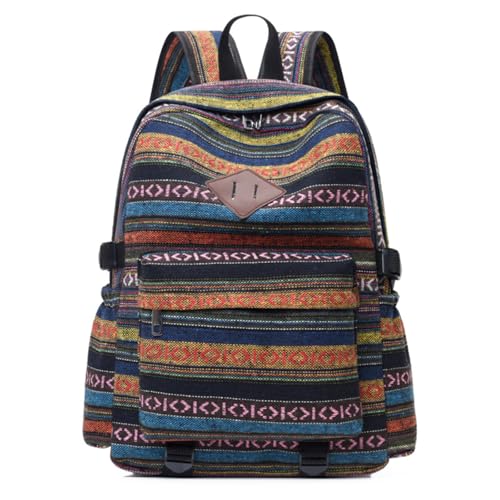 Large Capacity Canvas Printed Backpack Bohemian Retro Backpack Women's Leisure Travel (Blue)