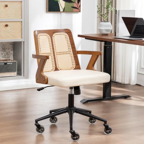 Image of Rattan Swivel Desk Chair for Small Office, Walnut Executive Office Chair