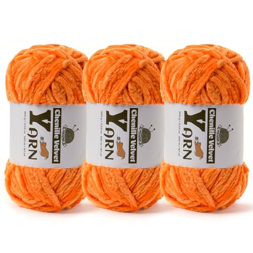 Image of 3 Pack Plush Chenille Chunky Yarn - Fluffy Velvet Yarn Crochet for Blanket Knitting and Crocheting - Soft Baby Yarns for Crocheting - Amigurumi Crochet Yarns 100g (87yds) (3 Orange)