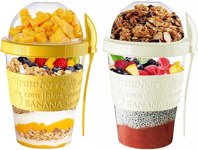 Pro Home Yoghurt Pots With Lid & Spoon Airtight Dishwasher Safe BPA Free Leak-Proof Muesli Cereal Cups Overnight Oats Jar Storage On The Go Yogurt Container (Yellow & Cream)