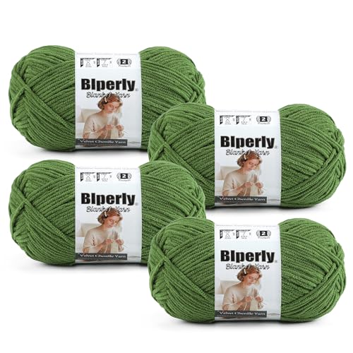 Image of Skinny Chenille Yarn for Crocheting #2 Green Thin Baby Blanket Plush Yarn | 4 Pack of 158 Yds, 1.7 Oz Sport Fingering Weight Fine Yarn, Soft Fluffy Velvet Yarn for Crochet knitting Blankets, Amigurumi