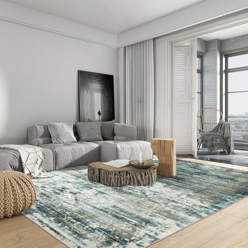 10x14 Area Rugs Washable Rug: Modern Abstract Living Room Rug Soft Anti-Skid Thin Carpet Indoor Floor Non-Shedding Carpets for Bedroom Dining Room Farmhouse Nursery Home Office Green Multi