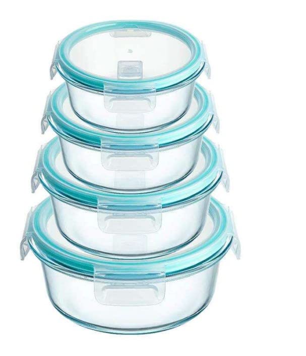 Mayaaran Recipientes redondos de vidrio con tapas, paquete de 4 recipientes de almacenamiento de alimentos, almacenamiento de cocina y refrigerador, preparación hermética de comidas, fiambrera, aptos
