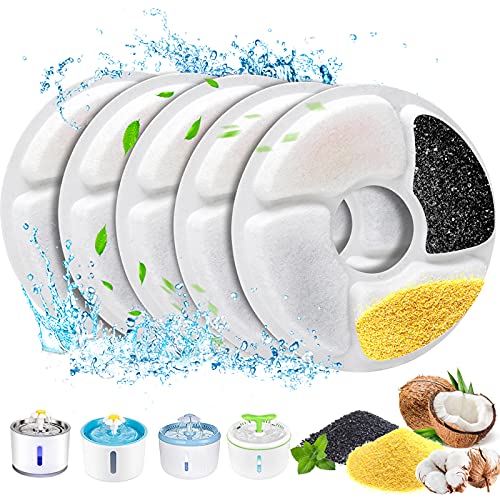 Cat Water Fountain Filters, 5 inch, Dog Fountain Activated Carbon Filters Replacement, Compatible with Cats and Dogs Automatic Water Dispenser (5Pcs)