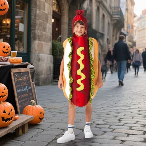 Joyincoser 3D Hotdog Kostüm Kinder Herren Maskottchen Hotdog Einteilig Essen Brötchen mit Würstchen Kostüm Für Halloween Cosplay Karneval