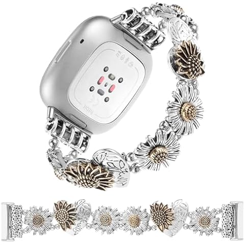 Stretchy Metal Bracelet Bands Compatible with Fitbit Versa 3/ Versa 4/ Sense/Sense 2 Bands, Women Fancy Elastic Sunflower Heart Dressy Stainless Replacement Wristband Strap Compatible with Fitbit Sense/Versa 3/Versa 4 Smartwatch (Small, Silver Gold Flower) Cover