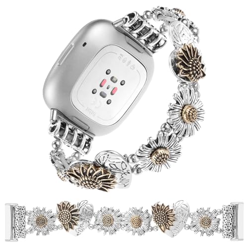 Stretchy Metal Bracelet Bands Compatible with Fitbit Versa 3/ Versa 4/ Sense/Sense 2 Bands, Women Fancy Elastic Sunflower Heart Dressy Stainless Replacement Wristband Strap Compatible with Fitbit Sense/Versa 3/Versa 4 Smartwatch (Large, Silver Gold Flower)