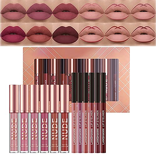 MAEPEOR 12PCS Matte Liquid Lipstick Lip Liner Set, Waterproof Long Lasting High Pigment Lip Makeup Kit for Daily/Travel/Party/Work
