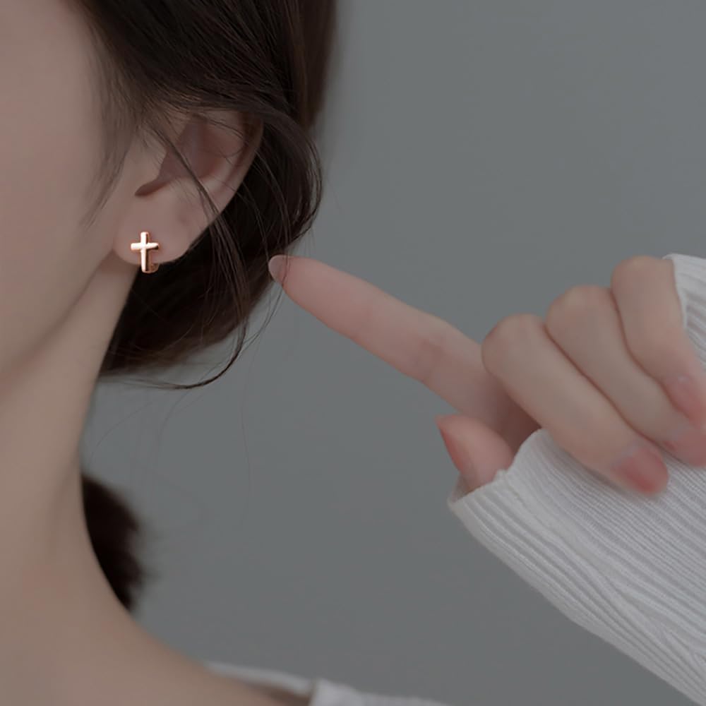 Reffeer Solid 925 Sterling Silver Cross Hoop Earrings for Women Teen Girls Small Cross Huggie Earrings Cartilage Helix