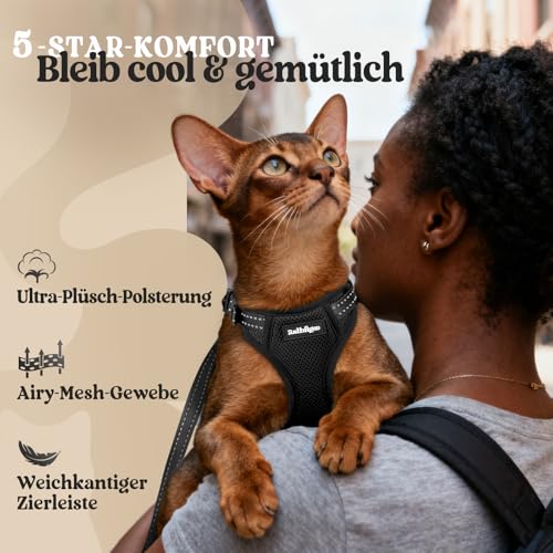 rabbitgoo Katzengeschirr mit Leine mit Hals-Klickverschluss, S, Schwarz