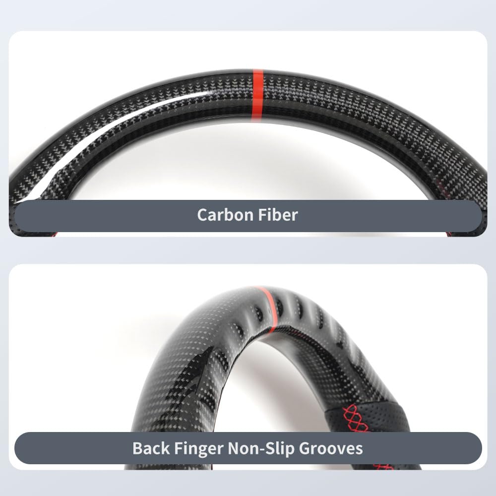JIANGGAI Real Carbon Fiber Steering Wheel, D-Shaped Flat Bottom Steering Wheel With Red Indicate Fit for BMW E-Series SSG Edition 2005-2012(Large Paddle Shifter Holes Version)