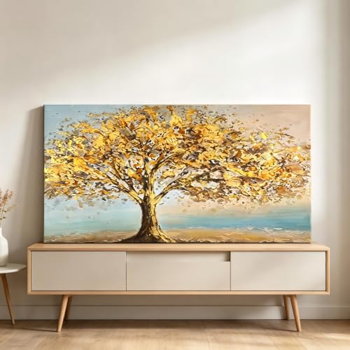 Tableau sur toile arbre doré décoration murale pour salon moderne