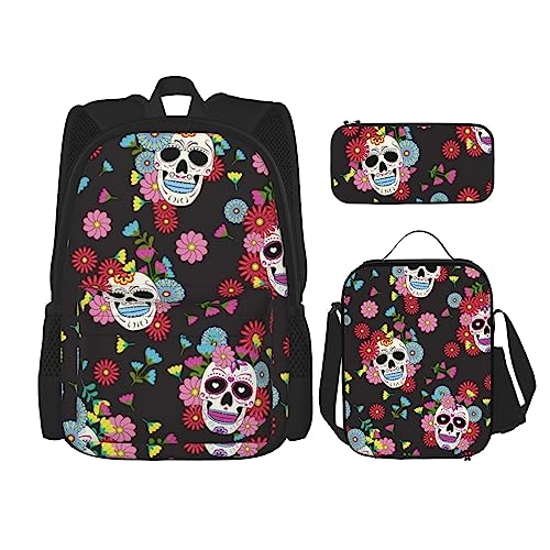 Sac à dos mexicain tête de mort avec motif Calavera et set de 3 sacs de jour Noir