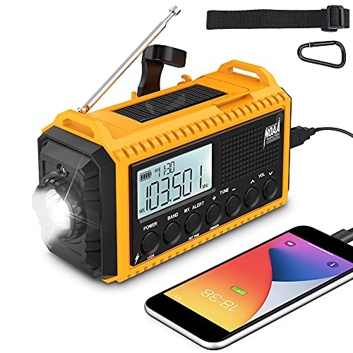 Emergency Crank Radio Weather AM/FM Radio, 5000mAh Solar Hand Crank Portable Radio, N0AA Weather Scan Survival Radio with Flashlight, USB Charger, SOS Alarm for Household and Outdoor Emergency(Yellow)