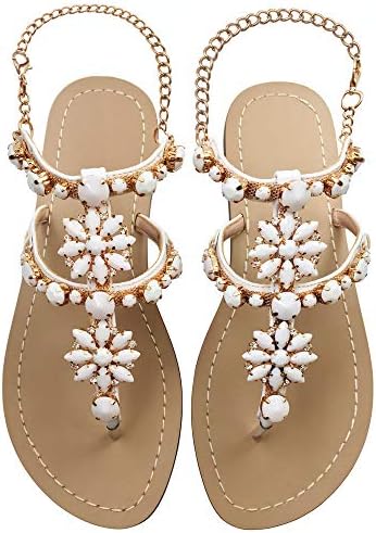 JF shoes Women's Crystal with Rhinestone Bohemia Flip Flops Summer Beach T-Strap Flat Sandals Size 8.5 White