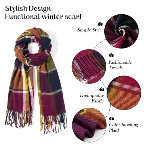 Clothirily Womens Winter Scarf - Fashion Plaid Scarfs for Women Lightweight, Cashmere Feel Warm Soft Women Scarves, Long Blanket Scarf Shawl gifts for women, Red Purple Lattice - Thumbnail 4