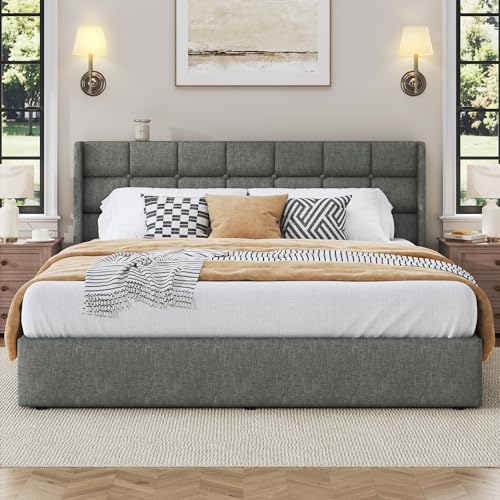 Image of HISOFT King Size Lift Up Storage Bed Frame, Linen Upholstered Platform Bed with Wingback Headboard, Heavy Duty Hydraulic Gas Lift Underbed Space, Reinforced Full Metal Slats, Noise Free, Grey