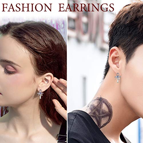 Mens Ankh Cross Stud Earrings Black Gun Plated Eye Of Horus Earrings Boys Hip Hop Earrings 925 Sterling Silver Key Of Nile With Horus Eye Of Ra Earrings Protection Jewelry Gift For Christmas Fe0189K #TOP5