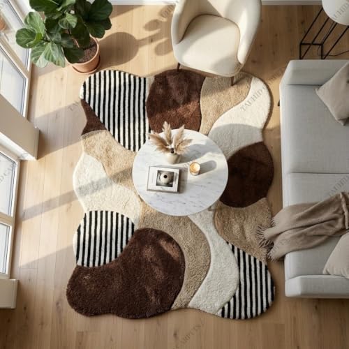 Image of Tauhid Carpet Super Soft Microfiber Shaggy Area Rug | Modern Irregular Abstract Beige Brown & Ivory Plush Carpet | Fluffy Floor Rug for Living Room, Bedroom 6 x 8 Feet.