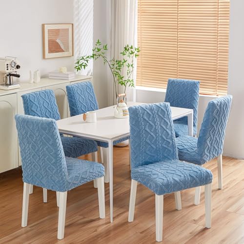 Image of HOMETHREADS Elastic Jacquard Chair Cover-Stretch Fit, Removable & Washable Short Dining Chair Seat Protector - 400gsm Soft & Wrinkle-Resistant Slipcover for Home, Kitchen, Banquet (Blue, Pack of 2)
