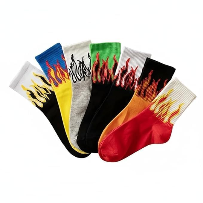 Image of 7 Pairs Pure Premium Cotton Socks Men & Women Calf Length Crew Flame Pattern Vibrant Colors, Full Length Comfort Stretchable Free Size Anti Odur Sweat Free Anti Slip