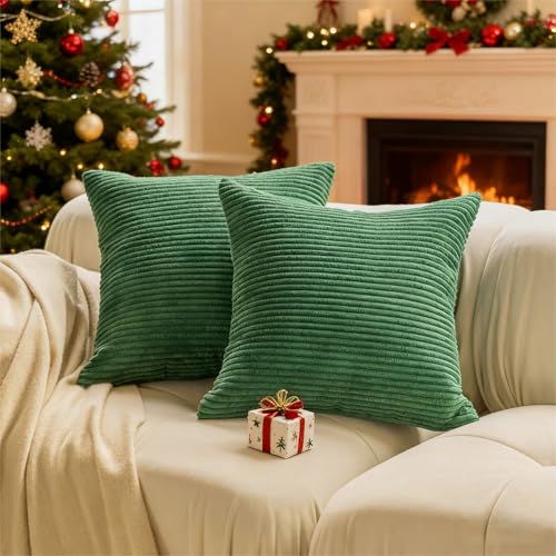 Home Brilliant Throw Pillow Covers 26x26 Euro Sham Covers Super Soft Striped Corduroy Decorative for Couch Bench Sofa Bedroom Patio Furniture, Set of 2, 26 x 26 inch, Moss Green