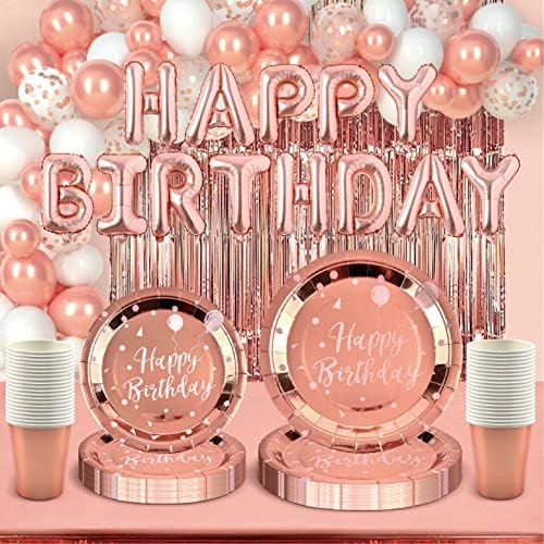 algpty 185PCS Rose Gold Birthday Party Decorations Supplies(Serve 20) for Women Girls, Rose Gold Birthday Plates and Cups, White & Rose Gold Balloon Arch Kit, Fringe Curtain Tablecloth Birthday Decor