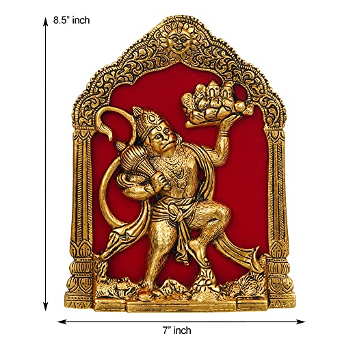 Image of JaipurCrafts Metal Lord Hanuman Idol Statue for Home and Office Decor | Hanuman Ji Bajrang Bali Ki Murti for Home and Office Temple (7 x 8.5 Inches, Gold) (hanuman Ji)