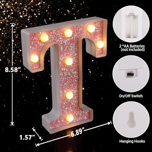 Image of LED Letter Lights Pink Glitter Marquee Letters Light Up Alphabet Letters Sign Battery Powered for Home Party Decoration Night Bar Wedding Birthday Christmas Lamp Girls Gift - Letter T