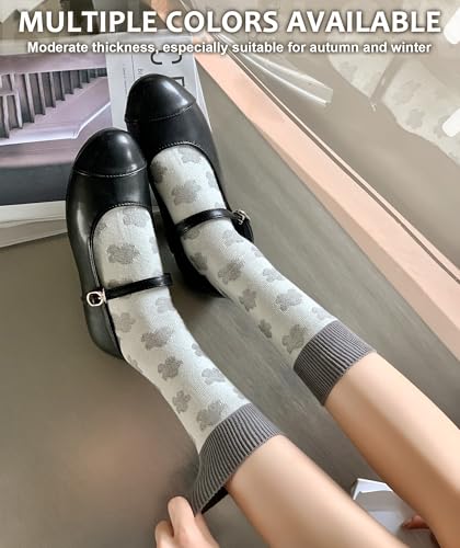 Image of IIG 3-5 Pairs Womens Vintage Cozy Crew Socks Soft Cute Neutral Cotton Socks Exquisite Patterns Socks Gift