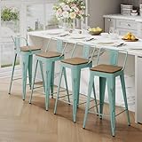 Andeworld Bar Stools Set of 4 Counter Height Stools Industrial Metal Barstools with Wooden Seats(24 Inch, Distressed Green Blue)