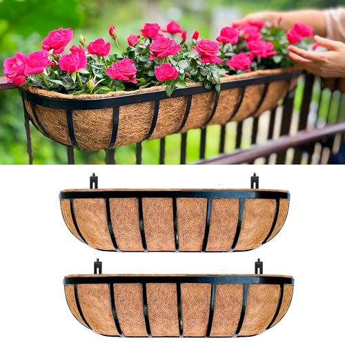 LaLaGreen Railing Planter Box (24 Inch, 2 Pack) Black Metal Rectangular Hanging Planters with Coco Liner, Flower Boxes Brackets for Deck Railings Outdoor Plants Over Rail Fence Balcony Patio Porch
