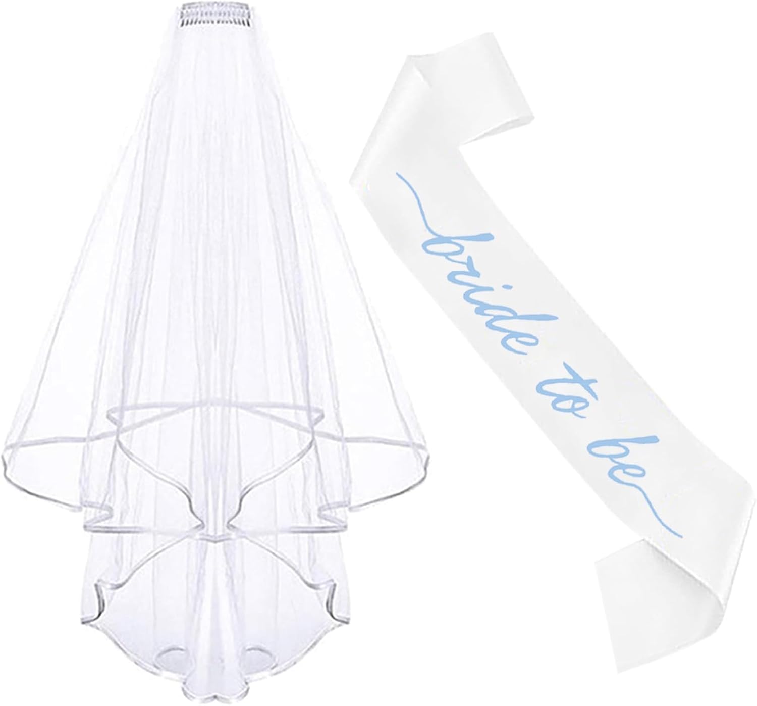2PCS Blue Bride To Be Sash and Bridal Veil, Blue White Bride Sash