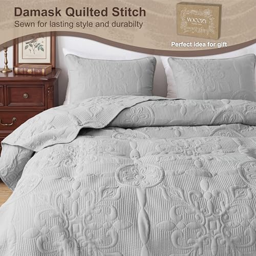 Light Grey Damask Quilt Queen Size Bedding Sets with 2 Pillow Shams, Boho Bedspread Lightweight Soft Farmhouse Vintage Bohemian Coverlet Retro Jacquard Pattern Bed Cover for All Season, 3 Pieces by B2EVER - Image 4