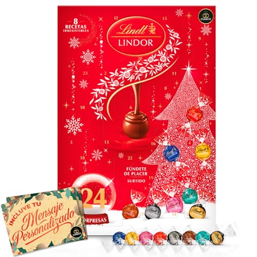 Calendario de Adviento LINDT LINDOR 2025 + Tarjeta Personalizable Cia&Co · Surtido 24 Bombones Gourmet · 8 Recetas Irresistibles de Chocolate Lindt · Regalo Navideño Premium · Edición 312 g