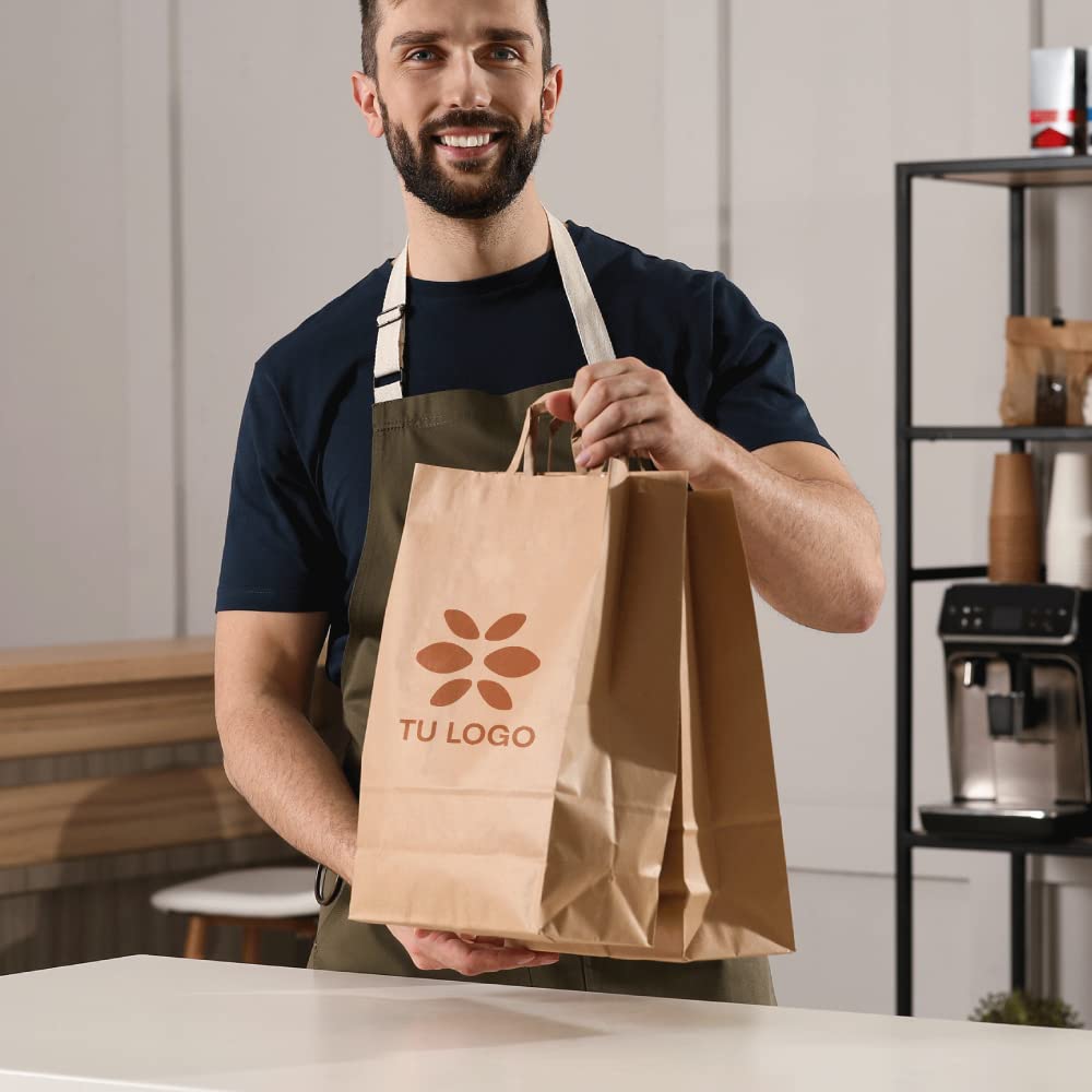 100 Bolsas papel kraft personalizadas | Bolsas con asas rizadas y resistentes | Bolsa de papel personalizable con el logo de tu negocio