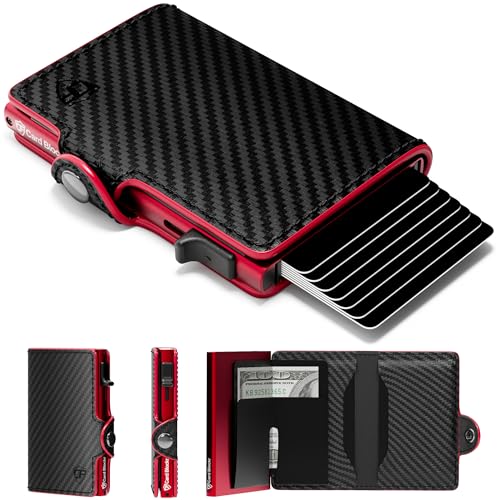 Conceal Plus Card Blocr Pop Up Wallet for Men | RFID Blocking Slim Metal Card Holder | 46 Card Ejector Wallet | Cash & ID Storage | Carbon Fiber Black Red