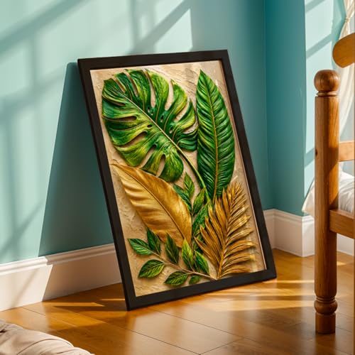 Image of NoWorries 3D Tropical Leaf Wall Painting with Frame Set of 1 | Premium Textured Green & Gold Monstera Palm Leaves Artwork, Luxury Botanical Nature Wall Decor for Living Room, Bedroom, Office and Home Decoration (3d Art-20,13x19inch)
