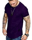 Fashion Mens T Shirt Muscle Gym Workout Athletic Short Sleeve Shirts Cotton Tee Shirt Top Purple