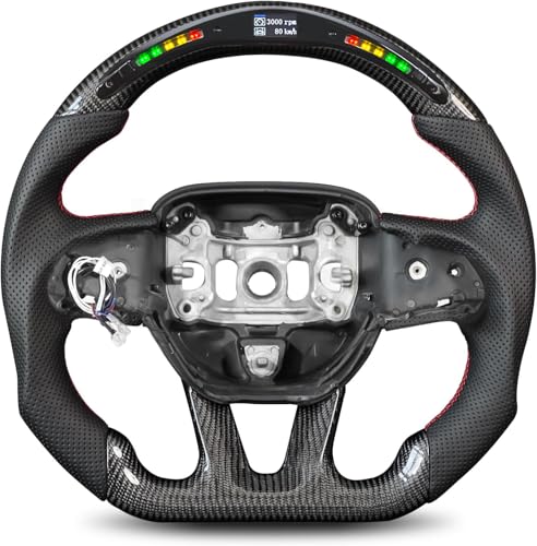 Tesfeel Carbon Fiber Steering Wheel for Dodge Charger for Dodge Challenger 2015-2024 Perforated Leather with 20 LED Shift Indicator Steering Wheel D-shaped Flat-bottom(SXT/GT/RT/SRT/For Hellcat)